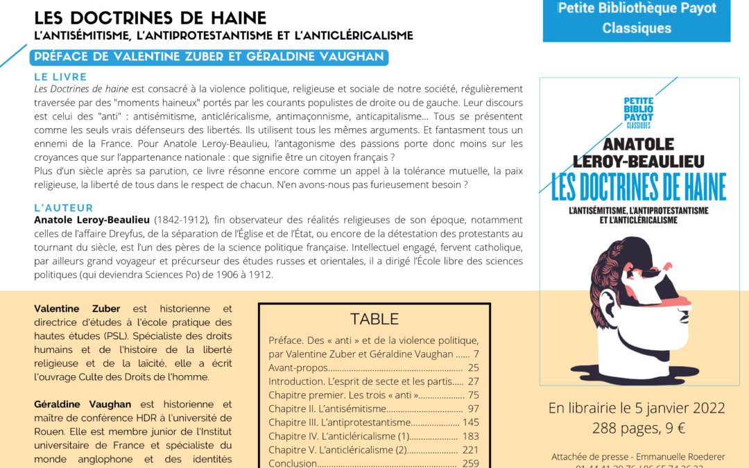 Parution – Réédition des « Doctrines de la Haine » d’Anatole Leroy-Beaulieu, préfacé par Valentine Zuber et Géraldine Vaughan